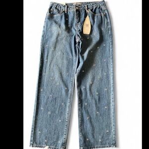 Embroidered Blue Straight Leg Jeans